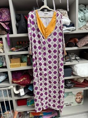 Purple and White Printed Maxi Dress abaya with Mustard V-Neck